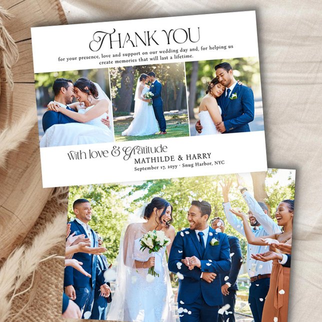 Cartão De Agradecimento Nostálgico Tipo Full Bleed e Foto Faixa Casamento (Wedding Thank You Card with Photo Strip and Romantic Nostalgic Typeface)
