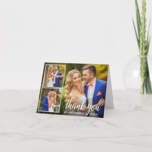 Cartão De Agradecimento Nota de Colagem Fotográfica de Casamento de Caligr (Frente)