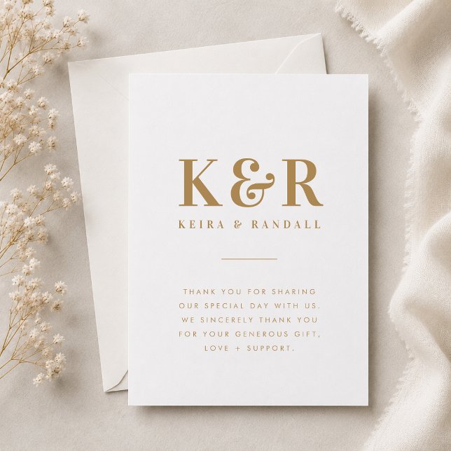 Cartão de Agradecimento | Nota de Gratidão de Casa (Gold monogram wedding thank you card with initials, names, and elegant gratitude wording.)