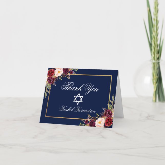 Cartão De Agradecimento Nota Dourado floral de Mitzvah Borgonha do bastão (Frente)