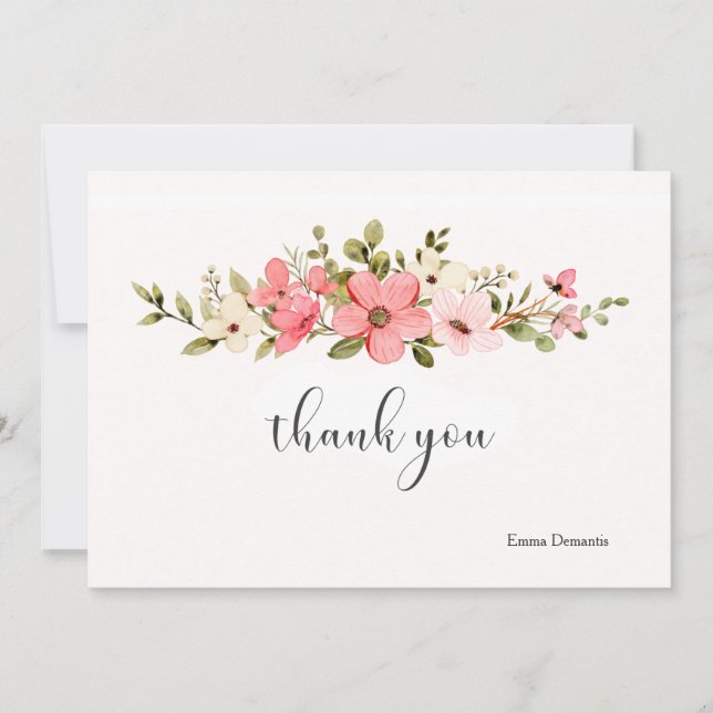 Cartão De Agradecimento Notecard de Flores de Aquarela Rosa e Branca (Frente)