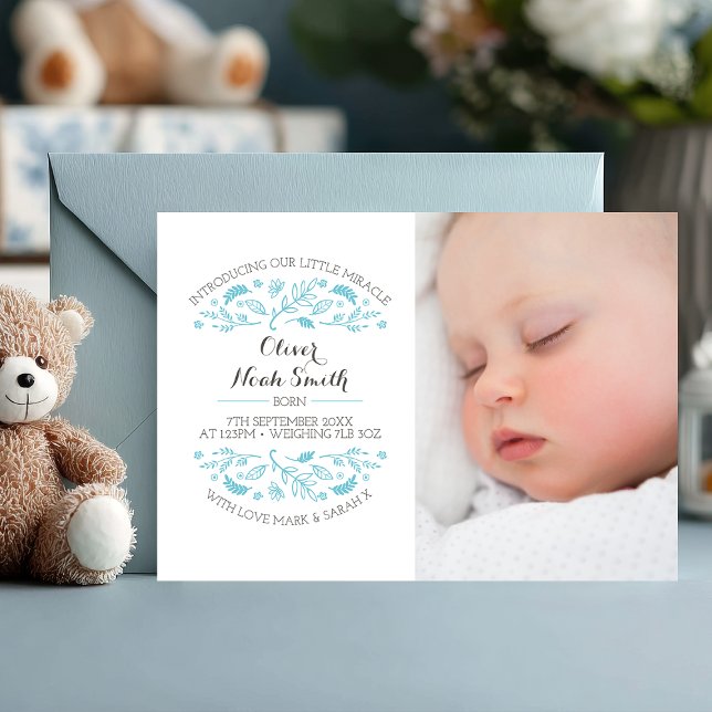 Cartão De Agradecimento Novo anúncio/cartões de agradecimentos do bebê (Introducing your little miracle 💙 A soft and elegant photo card to announce your baby boy’s arrival)