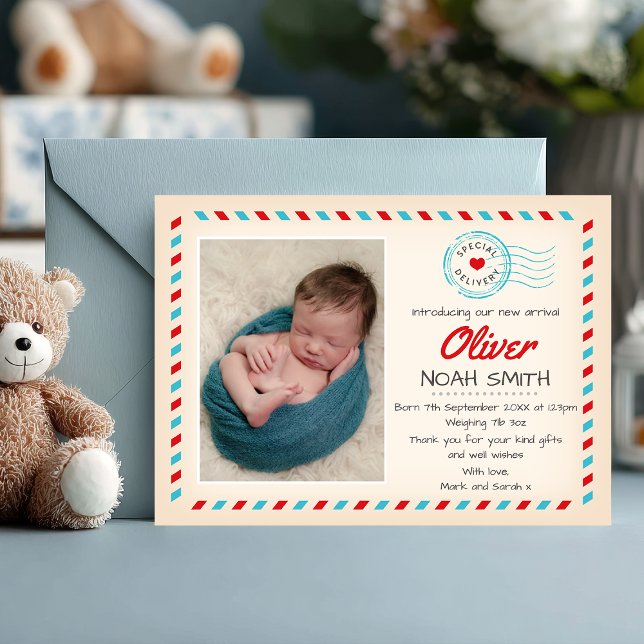 Cartão De Agradecimento Novo anúncio/cartões de agradecimentos do bebê (Special delivery ✈️ Announce your baby boy’s arrival with this charming airmail-themed photo card.)