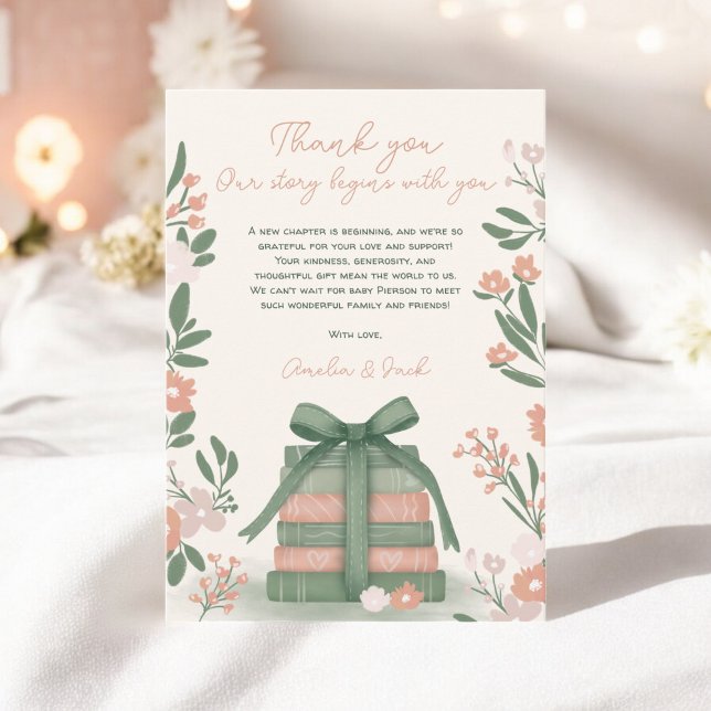 Cartão De Agradecimento Novo Capítulo Livros Whimical Sage Chá de fraldas  (New Chapter Books Whimsical Sage green Baby Shower Thank You Card)