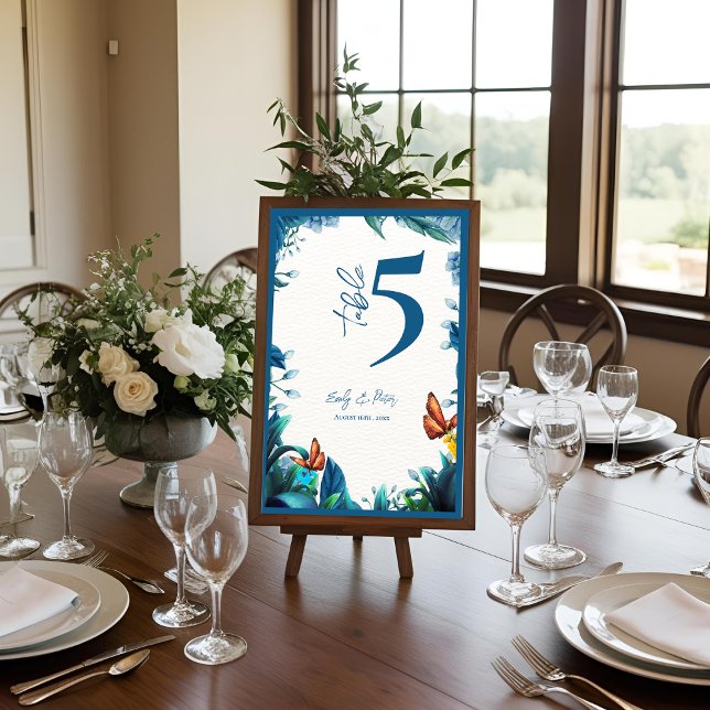 Cartão De Agradecimento Número de Mesa de Casamento Azul Botânico Borbolet (Blue Botanical Butterfly Wedding Table Number)