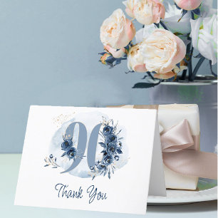 Cartão De Agradecimento Número Floral Aniversário de 90 anos Azul Costeiro