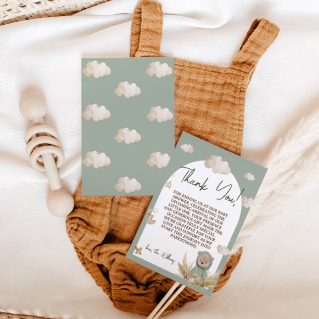 Cartão De Agradecimento Nursery Boho Bear Floral Chá de fraldas Verde (Criador carregado)