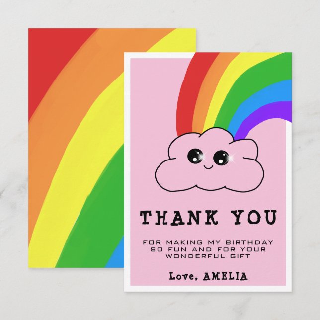 Cartão De Agradecimento Nuvem Kawaii Arco-íris Menina Rosa Aniversário Inf (Frente/Verso)