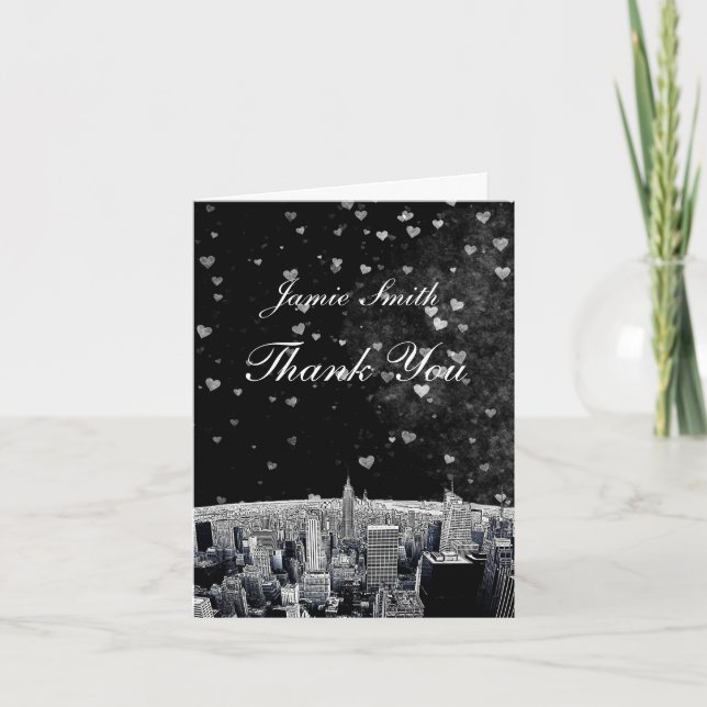 Cartão De Agradecimento NYC Skyline nº 2 Black WhHeart Obrigado (Frente)