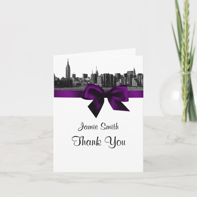 Cartão De Agradecimento NYC Wide Skyline Etched BW Purple Thank You #2 (Frente)