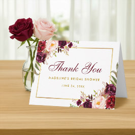 Cartão De Agradecimento O chá de panela Dourado floral de Borgonha
