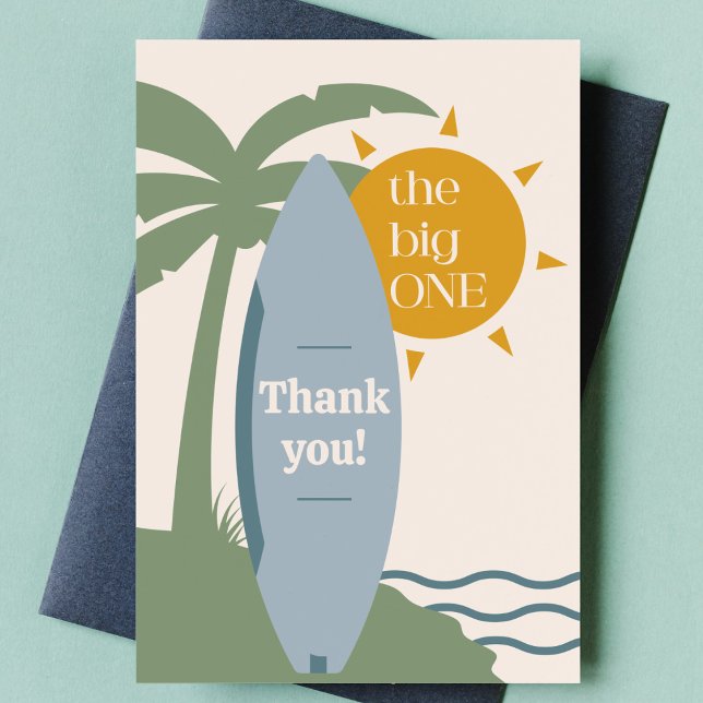 Cartão De Agradecimento "O Grande" Festa de primeiro aniversario para o Oc ("the big one" surfboard first birthday party thank you note surfing 1st bday thanks card blue boy )