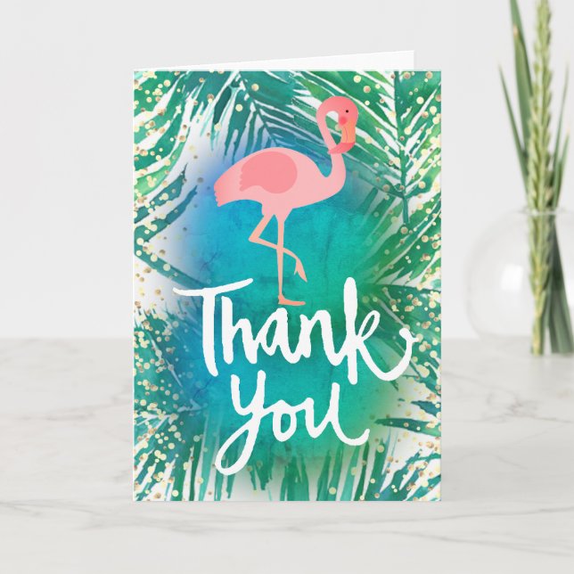 Cartão De Agradecimento o obrigado branco você script o flamingo em folhas (Frente)