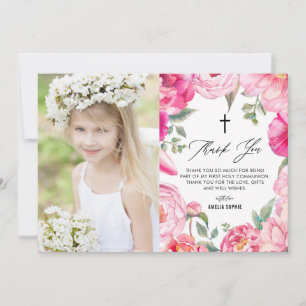 Cartão De Agradecimento O rosa floresce o primeiro comunhão santamente do