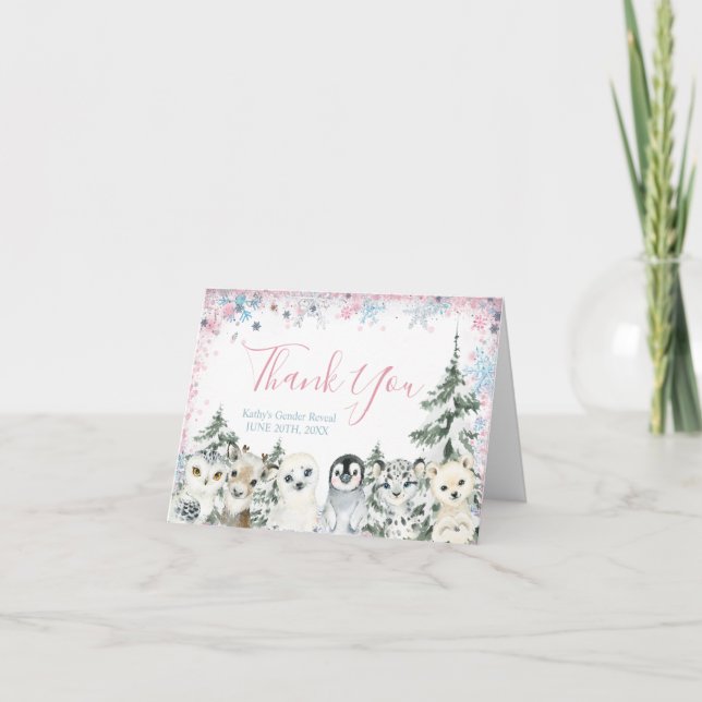 Cartão De Agradecimento O Sexo Animal De Inverno Revela Ele Ou Ela (Frente)