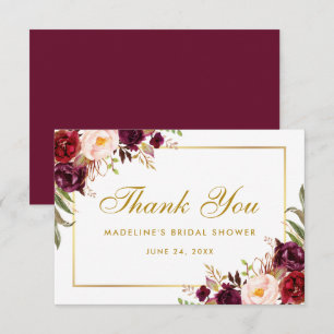 Cartão De Agradecimento Obrigada Chuveiro Nupcial Floral Dourado Borgonha