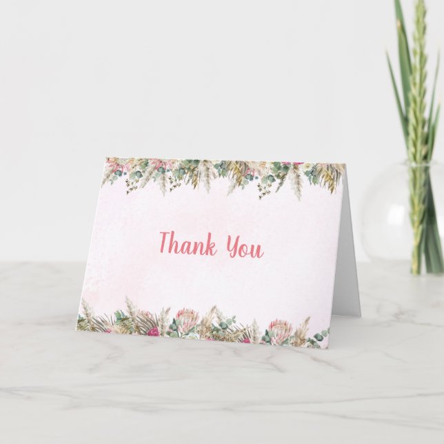 Cartão De Agradecimento Obrigada com Flores de Grama Pampas Boho Rosa Dobl (Frente)