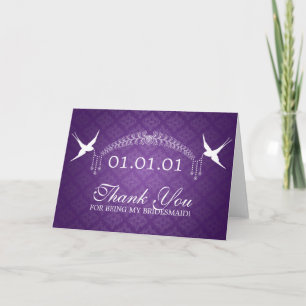 Cartão De Agradecimento Obrigada Damas de Honra Pássaros & Diamantes Roxo