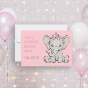 Cartão De Agradecimento Obrigada Elefante Princesa Rosa de Aniversário