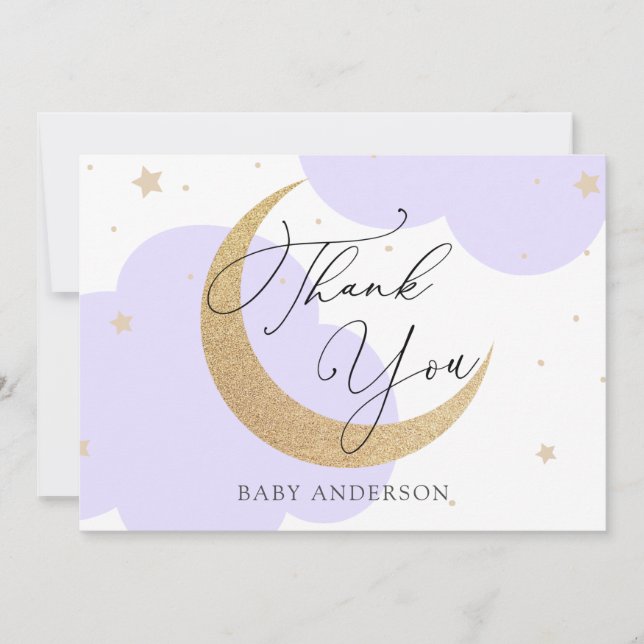 Cartão De Agradecimento Obrigada Lua e Estrelas Roxo Chás de Bebê (Frente)