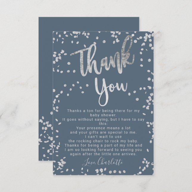 Cartão De Agradecimento Obrigado azul confetti de folha prateada moderna (Frente/Verso)