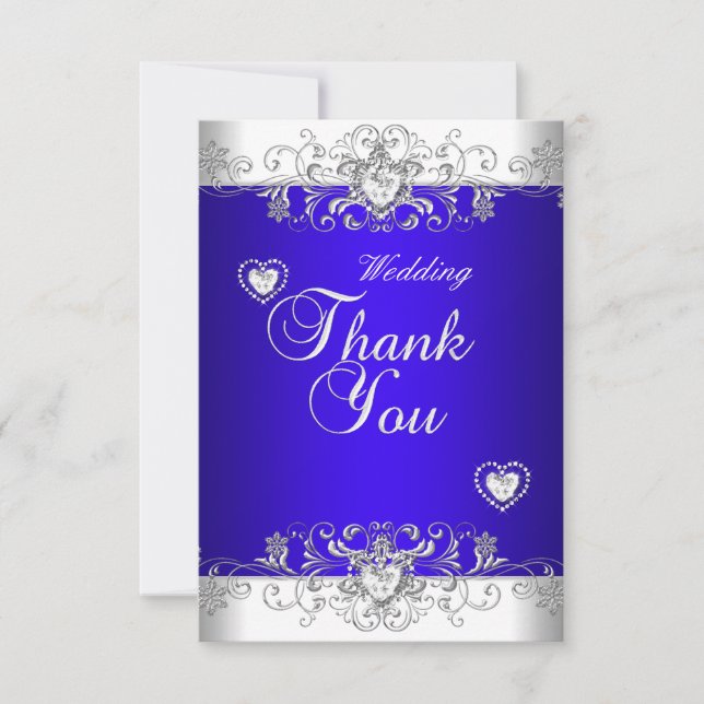Cartão De Agradecimento Obrigado Azul Real Casamento Branco Diamante Coraç (Frente)