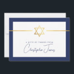 Cartão De Agradecimento OBRIGADO bar mitzvah marinho de estrela judaica de<br><div class="desc">[ NOTA - O EFEITO DOURADO É UMA IMAGEM IMPRESSA ] Um design moderno e simples para a Configuração do CARTÕES DE AGRADECIMENTOS como modelo, é simples adicionar seus próprios detalhes ou clicar no botão Tamanho e você pode adicionar ou alterar texto, fontes, tamanhos personalizados etc., DICA: 1. Para redimensionar/reposicionar...</div>