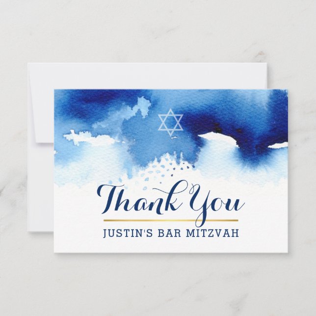 Cartão De Agradecimento OBRIGADO BAR MITZVAH, moderna estrela, azul, aquar (Frente)
