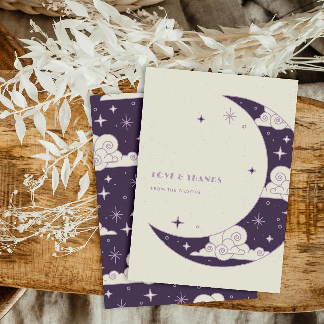Cartão De Agradecimento Obrigado Casamento Celestial Lua e Estrelas Roxas (Criador carregado)