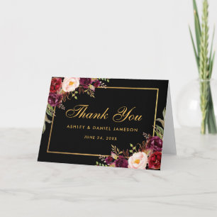 Cartão De Agradecimento Obrigado Casamento Floral Borgonha Carta Preta Dob