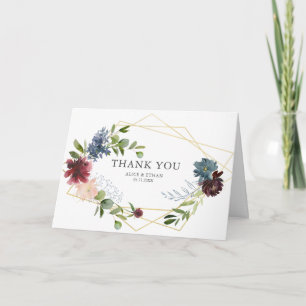 Cartão De Agradecimento Obrigado Casamento Geométrico Floral Azul Borgonha