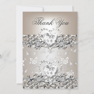Cartão De Agradecimento Obrigado Casamento Prata Creme Diamante Coração