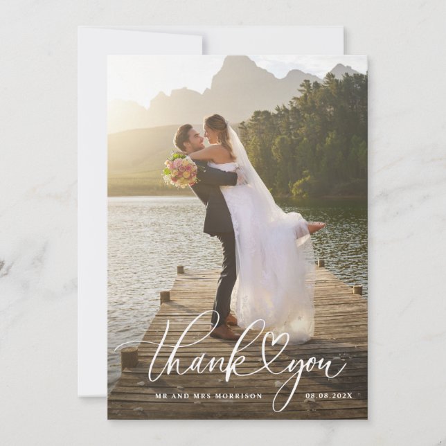 Cartão De Agradecimento obrigado casamento script branco  (Frente)