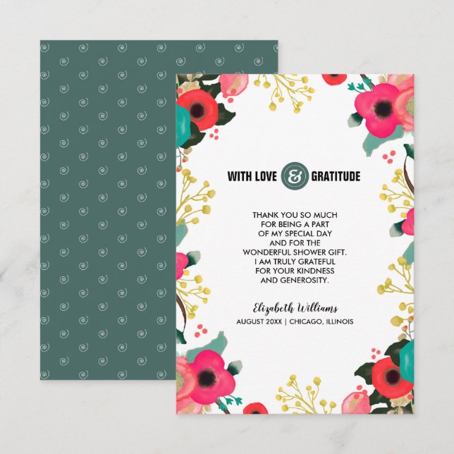 Cartão De Agradecimento Obrigado Chá de panela Placa Floral Moderna (Frente/Verso)