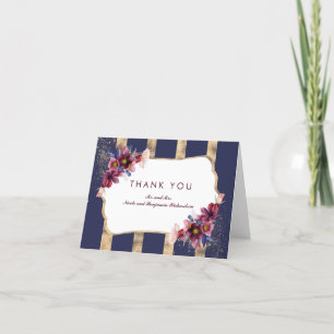 Cartão De Agradecimento Obrigado com Listras Florais Navy Burgundy e Doura