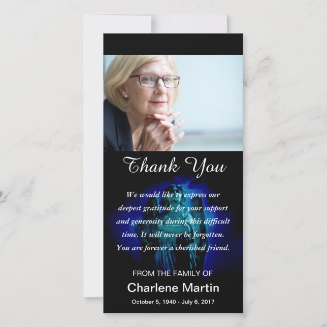 Cartão De Agradecimento Obrigado da simpatia você azul memorável do anjo (Frente)