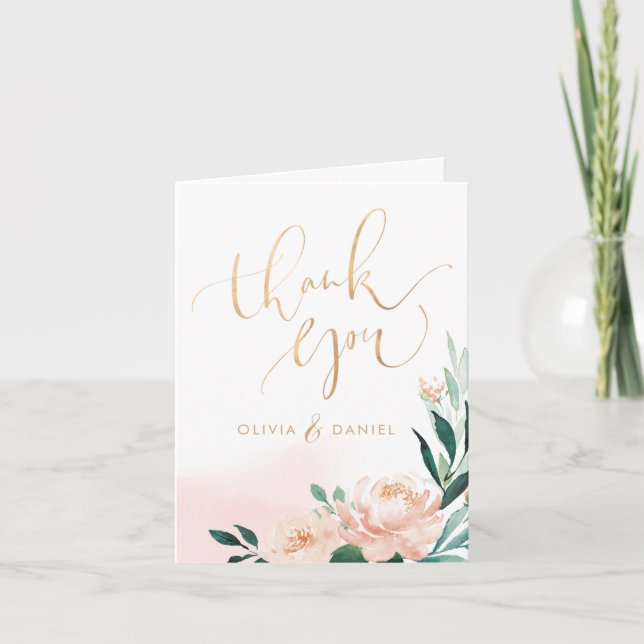 Cartão De Agradecimento Obrigado de caligrafia floral de pêssego do românt (Frente)