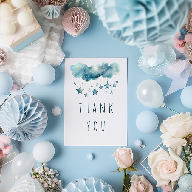 Cartão De Agradecimento Obrigado de estrelas azuis (Soft, pastel colours, starry sky, and fluffy clouds blue thank you card)