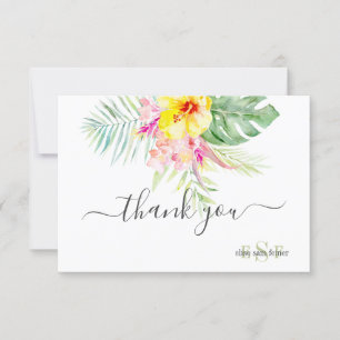Cartão De Agradecimento Obrigado de Folhagem Tropical de Monograma de Aqua