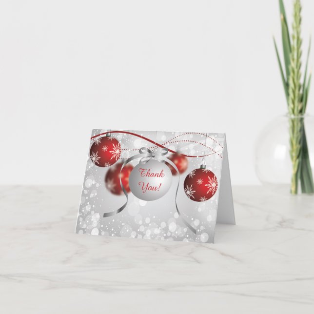 Cartão De Agradecimento Obrigado de prata & do vermelho dos ornamento de (Frente)