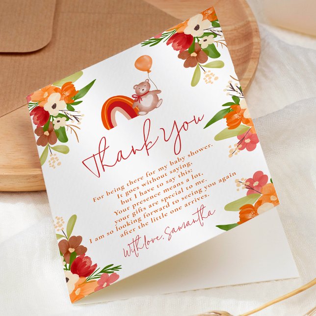 Cartão De Agradecimento Obrigado de ursinho bonito, chá de fraldas arco-ír (Cute teddy bear thank you rainbow baby shower)