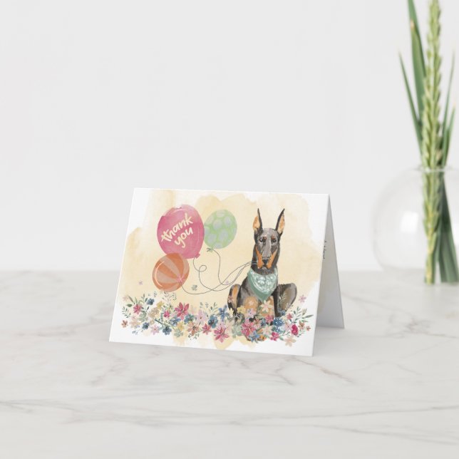 Cartão De Agradecimento Obrigado de Você e Doberman cão e balões (Frente)