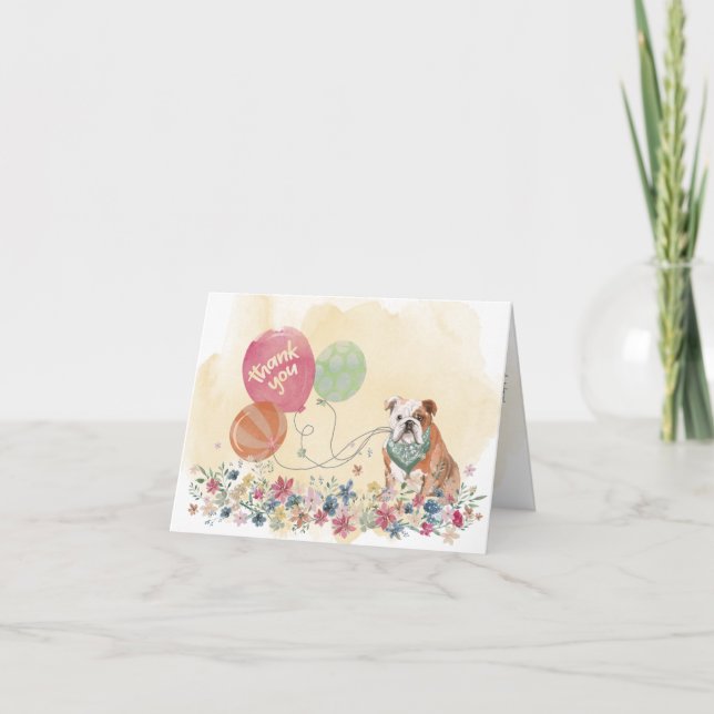 Cartão De Agradecimento Obrigado de você e seu Bulldog com Balões (Frente)