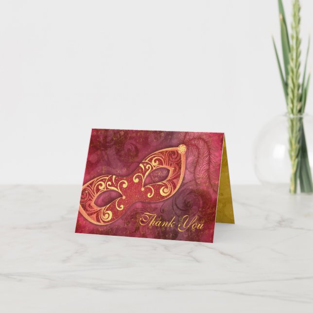 Cartão De Agradecimento Obrigado do casamento de Borgonha da máscara da (Frente)