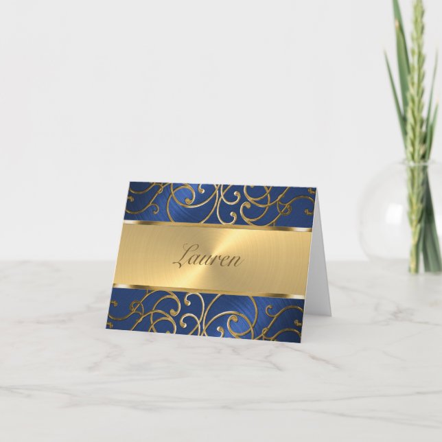 Cartão De Agradecimento Obrigado Elegante Blue e Dourado Filigree (Frente)