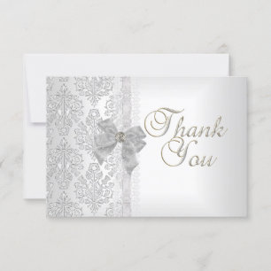Cartão De Agradecimento Obrigado Elegante Casamento Damask Branco Arco Pra