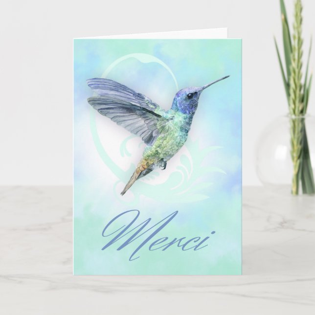 Cartão De Agradecimento Obrigado Em Francês - Watercolor Hummingbird Card (Frente)
