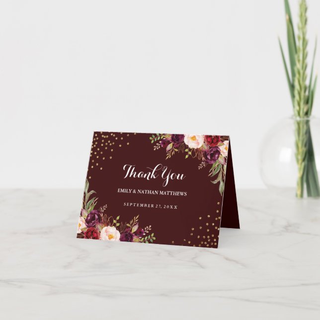 Cartão De Agradecimento Obrigado Floral Confete Dourado Borgonha Casamento (Frente)