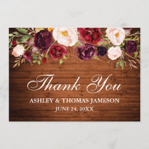 Cartão De Agradecimento Obrigado floral de madeira rústico do casamento d