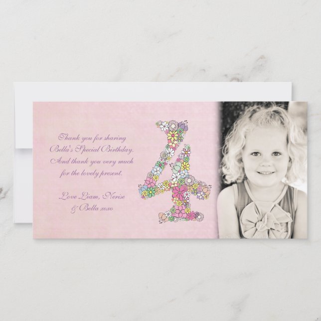 Cartão De Agradecimento Obrigado floral do 4o aniversário das meninas você (Frente)